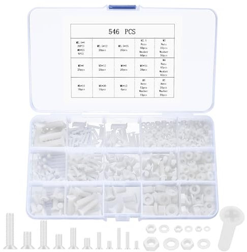 M2.5-M6 White Nylon Bolt & Nut Set with Washers - 546 Pcs Countersunk Flat Head Machine Screws