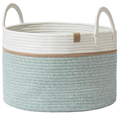 LA JOLIE MUSE Braided Basket, Cotton Rope Storage Baskets, Large Cotton Basket, Laundry Basket for Blanket, Children's Toys, Basket S Laundry Basket for Children's Room, Ivy Green, 32 Liter-S