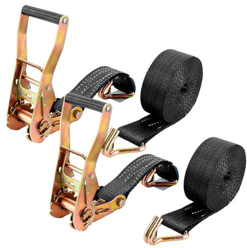 DAJAVE 2 correas tensoras con trinquete y ganchos 6 m, 3000 kg, 50 mm, resistencia a la rotura, juego de carraca, correa de trinquete de 2 piezas, correas tensoras con ganchos para motocicleta