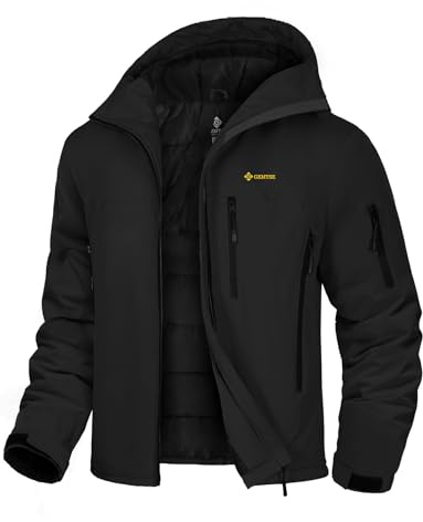 GEMYSE Herren Skijacke mit integrierte Schulterträger und Kapuze Warm Winterjacke Wasserdicht Berg Windbreaker Jacke für Snowboarden Wandern(Schwarz,L)