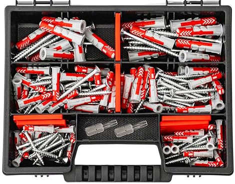 Fischer DuoPower Set Dübel + Schrauben mit Bits, 162 Teiliges Dübelsortiment. Dübel in verschiedenen Größen - 25 Stück 5x25mm + 40 Stück 6x30mm + 15 Stück 8x40mm + Schrauben Universaldübel