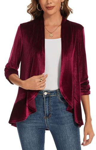 Kyzoeyou Cardigan da donna increspato con maniche a 3/4 in velluto cardigan retrò vintage blazer aperto davanti capispalla giacche casual da donna top