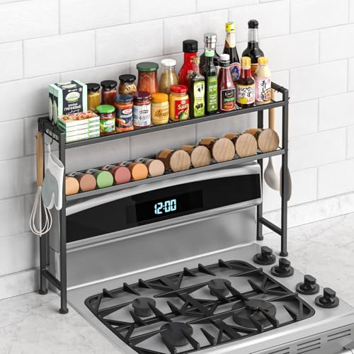 Kssiaz 33 Inch Stove Top Shelf, 2 Tier Spice Rack Shelf, for Kitchen Without Upper Cabinets, 4 Hooks, Seasoning Organizer, Over Stove Rack and Storage Organizer, Black