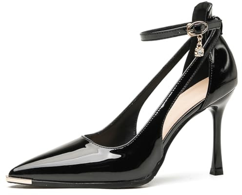 Zapatos de Tacón Mujer Punta de Metal Cuero de Charol 5/7CM Tacones de Aguja con Protección contra Golpes Punta Afilada Tira de Tobillo Zapatos de Corte con Tacón,Black 5cm,43 EU