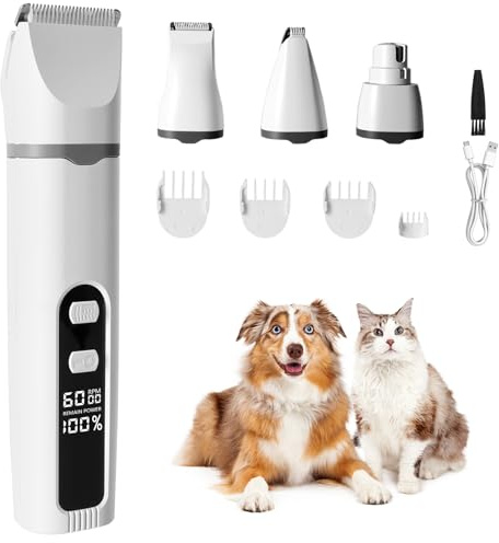 Maquina cortar pelo perros y Gatos, Cortapelos Perros Recargable, Cortapelos para Perros Bajo Nivel de Ruido, Viene con 4 Accesorios Multifuncionales, para Cuerpo, Patas, Ojos, Orejas y Cara (Blanco)