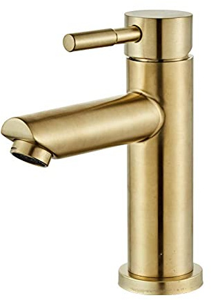 Badrumskran Solid mässing Badrumsfatblandare Blandare för kallt och varmt vatten Handfatskran Enkelt handtag Däckmonterad kran i borstat guld (Färg: Stil 1 Kort)