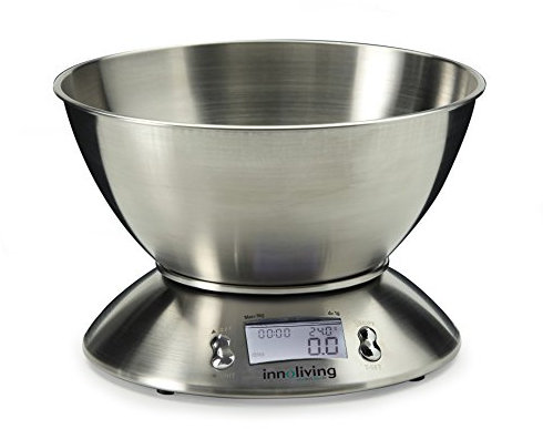 Innoliving Bilancia Elettronica Digitale da Cucina INN-127 con Grande Ciotola da 2L in Acciaio Inox, Display LCD Retroilluminato, 5kg x 1g, Funzioni Timer e Termometro Temperatura