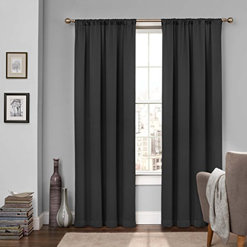 Eclipse Tricia Room Darkening Thermal Rod Pocket Window Curtains for Bedroom, Single Panel, 52 x 84, Black