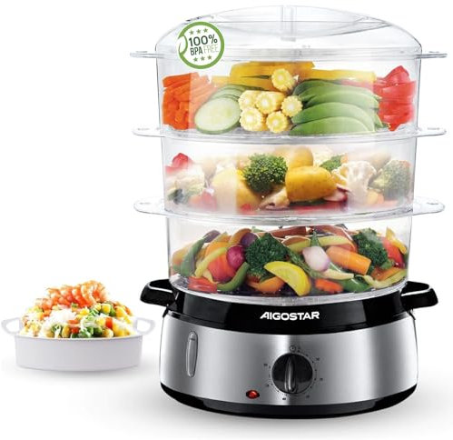 Aigostar Dampfgarer mit Timer 9L, 3-Etagen Stapelkörbe Reisschale, 800W Dampfgarer Elektrisch, automatische Abschaltung, Edelstahl BPA frei, silber/schwarz. EINWEGVERPACKUNG.