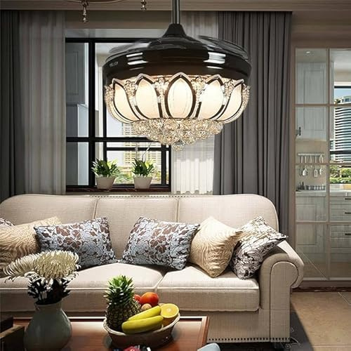 Lighting Groups 42 Inch Invisible Reversible Ceiling Fan with Light Remote Retractable Ceiling Fan with Crystal Lotus Chandelier LED 3 Color Changing Light Install for Indoor Living Berdoom (Black)