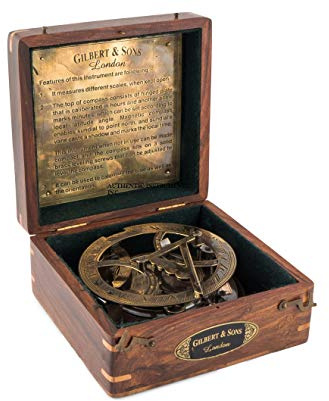 Reloj de sol de grado superior de 5 pulgadas, brújula náutica vintage con caja de madera, reloj de sol de latón antiguo para decoración, navegación, regalos, réplica de brújula marítima