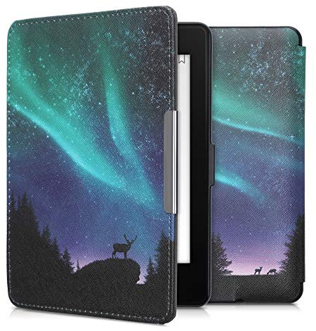 kwmobile Schutzhülle für Amazon Kindle Paperwhite Hülle - eReader Flip Case mit Auto Sleep Funktion - Polarlicht Hirsche mit Türkis Blau Schwarz