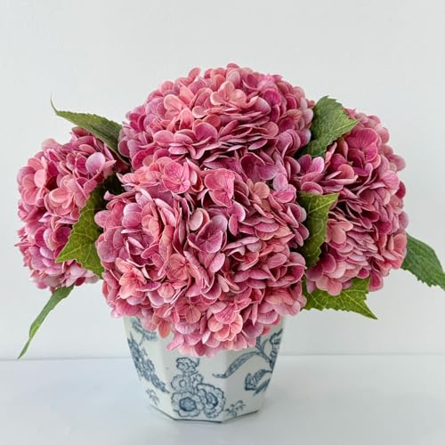 YalzoneMet 3 pcs Real Touch Hydrangea Artificial Flowers, 21 Dark Pink Large Long Stems Wedding Centerpiece Fake Flowers Heads Lifelike Thicks for Home Decor Party DIY Bridal Bouquet Table
