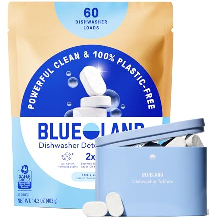 BLUELAND 100% Plastic-Free Dishwasher Detergent Tablets, Starter Set, 60 Count with tin, Free & Clear, Eco-Friendly Dishwashing Pods, Natural, USDA Certified biobased