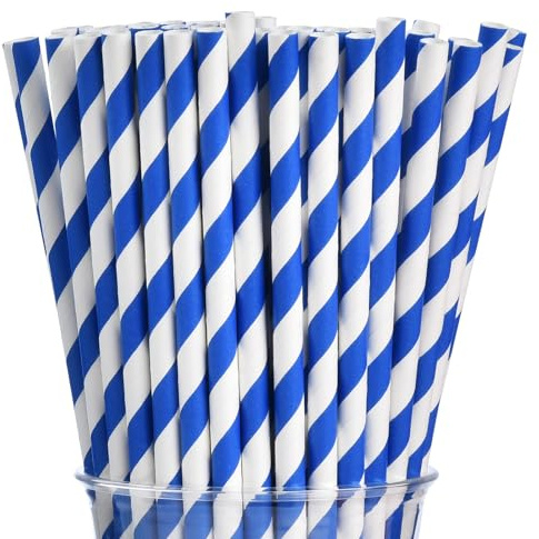 ALINK 100 Royal Blue and White Striped Paper Straws, Biodegradable Disposable Drinking Straws for Christmas, Brithday, New Year, Party Decoration Supplies