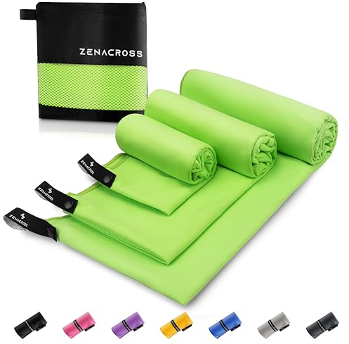 Zenacross Serviette Microfibre (Set de 3) avec Sac de Transport - Serviette Sport Compacte, Séchage Rapide et Absorbante S, M, L - Vert