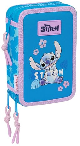Stitch Hawaii - Trousse Scolaire avec 36 Outils Inclus, Trousse pour Enfant, idéale pour Enfants de 5 à 14 Ans, Confortable et Polyvalente, qualité et résistance, 12,5 x 5,5 x 19,5 cm, Couleur Bleue,