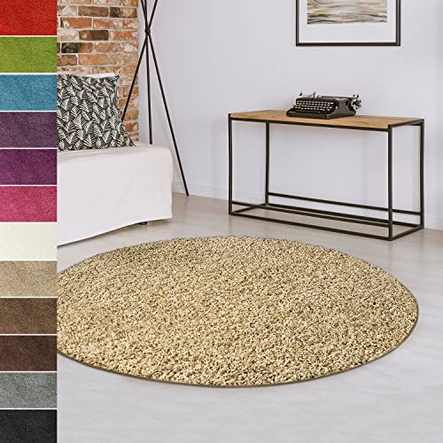 casa pura Teppich rund 100cm Durchmesser, beige weicher & Flauschiger Shaggy Hochflor Wohnteppich für Wohnzimmer, Schlafzimmer, Flur,Teppich Flur mit Anti-Rutsch Unterseite Barcelona