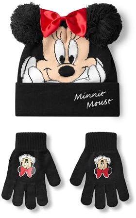 Disney Minnie Mouse Girls Beanie Hat & Gloves Set | Black Knitted Winter Hat with Pom Poms and Red Bow | Kids One Size Hat & Gloves with Minnie Mouse Character Face | Classic Cartoon Merchandise Gift