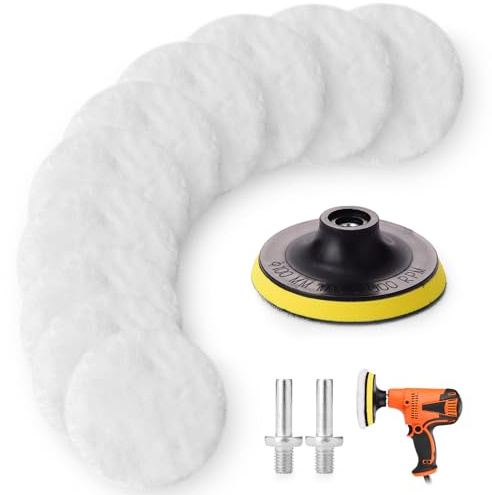 VINEST 10 tamponi per lucidatura in lana per trapano, 100 mm, cuscinetti per lucidatura auto per trapano, kit di lucidatura autoadesivi, cuscinetti per lucidatura con adattatore per trapano M10 e