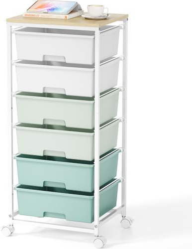 SYKIARIOL Chariot de rangement à 6 tiroirs avec plateau en bois, vert | Chariot de rangement mobile plastique solide avec roulettes, adapté bureau, chambre d'enfant, salle de bricolage