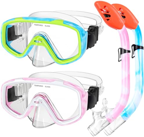 Kids Snorkel Set, Children Anti-Fog Diving Mask Swimming Goggles Dry Top Snorkel Equipment Snorkeling Packages Swimming Gear for Youth Boys Girls Age 5-10 (Blue Yellow+Pink White)