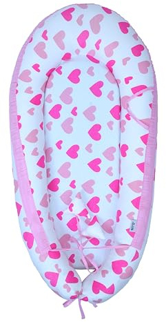 NIYS Adjustable Baby Lounger – 100% Soft Cotton Breathable Co-Sleeping Bed | Infant Bassinet & Newborn Nest | Portable, Hypoallergenic, Machine Washable | Unisex Baby Shower Gift (Multi Pink Heart)