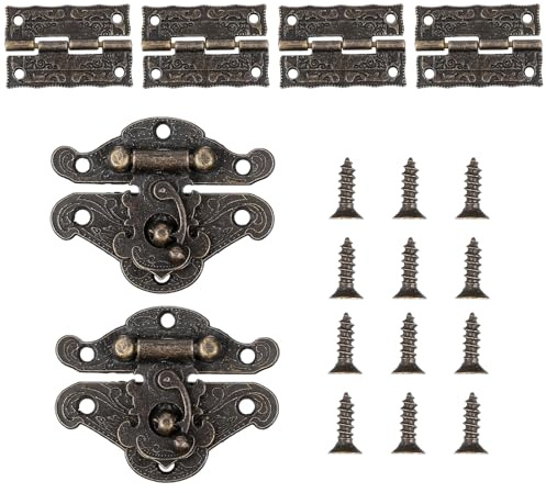12 ganci retrò con kit di viti, mini braccio oscillante, chiusura per gioielli, stile vintage, piccole cerniere a gancio destro, serrature per mobili, scatole di gioielli in legno (4 chiusure a scatto