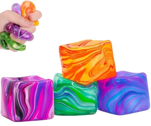 Squishy Fidget Cube for Adults, Maslasee 4PCS Stress Relief Balls, Silent Squeeze Anxiety Relief Sensory Cube, Portable Office Desk Fidget Toy for Teens & Adults