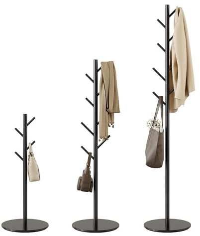 Tujurich Coat Rack with 8 Hooks, 3 Adjustable Heights, Sturdy Metal Coat Stand with Sintered Stone Base, for Hallway, Entrance or Bedroom, Matte Black, 29 x 29 x 167 cm
