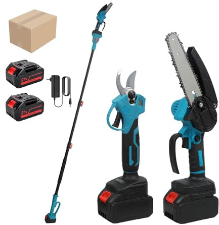 3-en-1 Tronçonneuse Télescopique & Mini Tronçonneuse et SéCateur éLectrique Sans Fil, avec 2 * 1500 mAh Batteries, Moteur Brushless pour Branches D'Arbres Jardinage (2 Batteries)