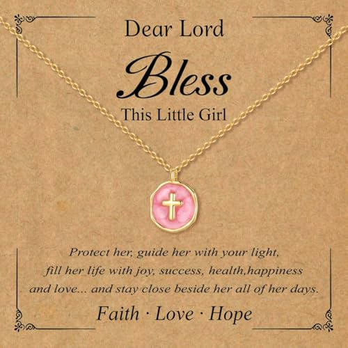 TASBERN Baptism Gift for Teen Cross Necklace for Girls Enamel Tiny Disc Pink Cross Pendant Necklace First Communion Confirmation Easter Gift for Daughter Niece Granddaughter