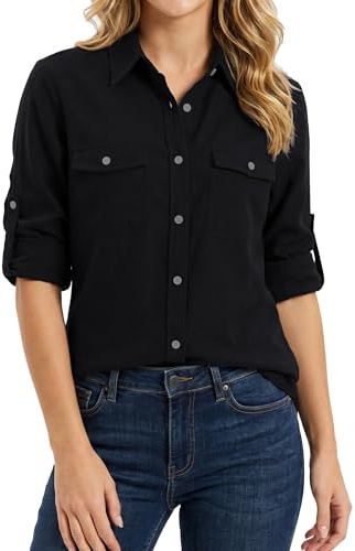 Enmain Camisa Mujer Manga Larga Camisa de Lino con Botones y Mangas Remangables Blusa Casual con 2 Bolsillos para Verano y Playa, S-3XL