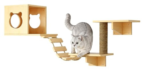 Klättervägg, set, katter, klättervägg, set av furu, katt, väggmöbler, kattmöbler med 1 katthus, 2 plattformar, 1 kattstege, 1 pelare