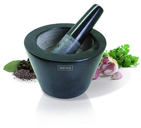 NERTHUS Mortero de marmol resistente y facil de limpiar, Negro, 16 x 14 x 14 cm