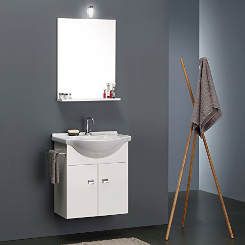 Kiamami Valentina - Mobile Bagno Sospeso 56 CM + Lavabo in Ceramica | Specchio a Filo Lucido incluso | Porta Asciugamani Cromato | Adatto a Spazi Ridotti, Bianco, Metallo