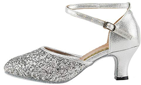 HIPPOSEUS Women's Latin Dance Shoes Silver Closed Toe with Sequins Modern Tango Ballroom Salsa Dance Practice Shoes 2 Heel,6 UK