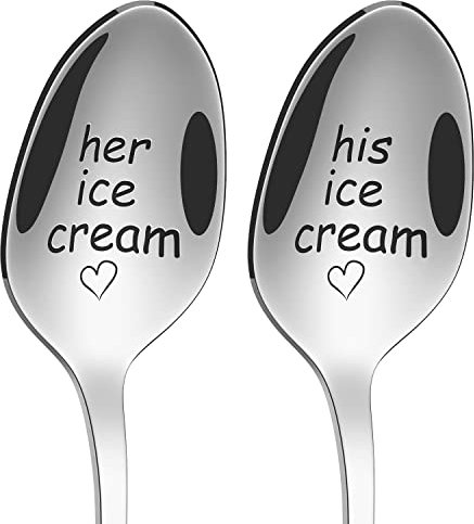Vinsani 2 Pieces Ice Cream Engraved Spoons His & Hers Couple Gift Idea Anniversary Wedding Valentines Wife Husband Boyfriend Girlfriend Engagement Stainless Steel Coffee Tea Dessert Silverware