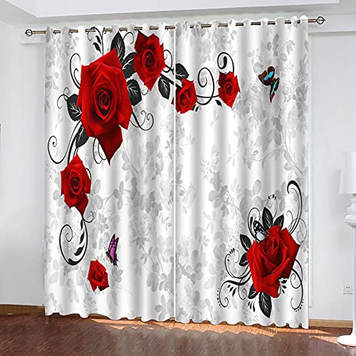 VOYADE Vorhänge Wohnzimmer Modern Blickdicht 2Er Set, 3D Schmetterling Rote Rose Muster Blickdicht Schlaufenschal Verdunkelungsvorhang, Lärmminderung Fensterdekoration 230X234cm(HXB)