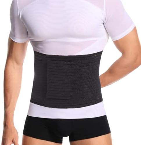 Reian Men's Abdominal Binder for Post Surgery,Compression Wrap Abdomen Waist Support Belt for Hernia Surgery, Abdominal Injuries (Black, Large)