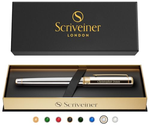 Scriveiner Stylo Roller Chrome Argenté Personnalisé - Luxe, Plaqué or véritable, Recharge Schmidt, Cadeau Gravé pour Hommes et Femmes, Gravure de Nom Personnalisée
