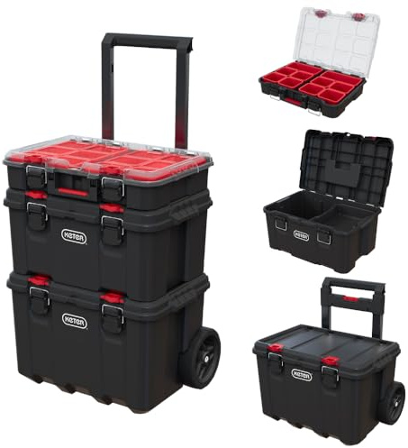 Keter Stack-n-Roll Modular Tools Organizer for Garage Storage and DIY, 3 Piece Resin Rolling Tool Box System for Small Parts, Black