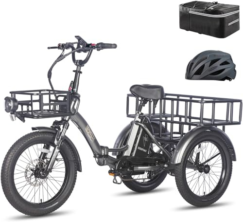 Fafrees Triciclo Elettrica F20 Mate Bici Elettrica Pieghevole per Adulti Batteria Rimovibile 48V18.2Ah Ebike, Bicicletta Elettrica a 3 Ruote 20×3.0, Borsa, Grigio, Cestino Ante- e Post- (Grande)