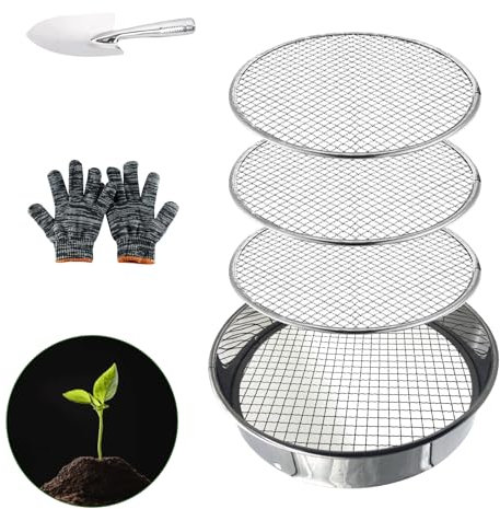Tefola Soil Sieve Sifter Set, Stainless Steel Garden Sieve, Round Mesh Garden Sieve, Portable Gardening Tool with 3 Interchangeable Sieves for rocks, soil weeds, compost, cat litter, filtration
