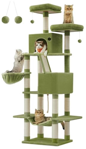Feandrea Cat Tree, 81.1-Inch Large Cat Tower with 13 Scratching Posts, 2 Perches, 2 Caves, Basket, Hammock, Pompoms, Multi-Level Plush Cat Condo for Indoor Cats, Green UPCT190C01
