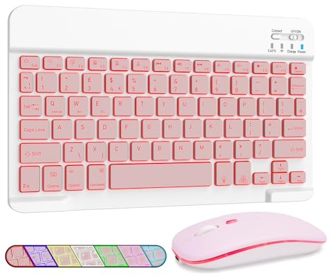 LAMA 7 Colors Keyboard and Mouse for iPad/Windows/Android, UK Layout | Backlit Rechargeable Keyboard and Mouse with 13 Shortcuts, iOS/Windows/Android Multi-System Switch, Quiet Scissor Keys
