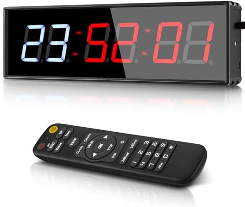 PELLOR Temporizador de Gimnasio,1.8 Temporizador de Intervalo LED,Reloj de Pared Digital Grande con Countdown/Up,Cronómetro,Brillo Ajustable,Reloj de Entrenamiento con Control Remoto para Casa Garaje