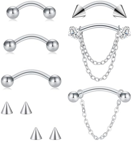 VFUN Piercing Barbell incurvé 16G en acier inoxydable Rook Daith boucles d'oreilles pendantes chaîne femme barre de sourcil 6/8/10 mm bijoux de piercing, Acier inoxydable