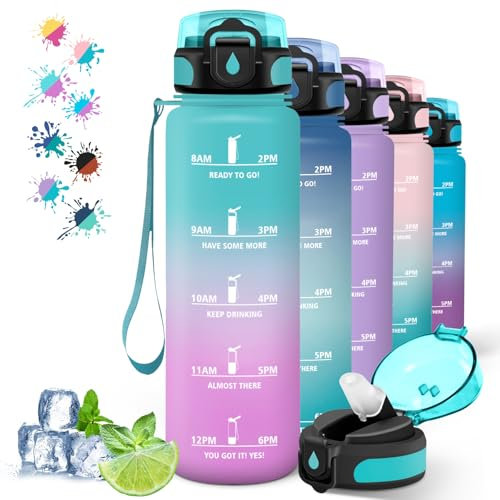Borraccia, Borraccia 1 Litro, Borraccie con Cannuccia Senza Perdite, Bottiglie Motivazionale con Scala Temporale, Facile da Pulire, Borracce con Slogan Motivazionali, per Campeggio, Yoga, Verde-Rosa