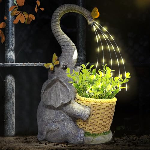 lifemet Garden Ornaments Outdoor Elephant Statue - Solar Garden Elephant Statues with Fake Plants Resin Elephant Ornament for Patio, Balcony, Yard, Lawn, Mum Birthday Gifts, Garden Gifts for Women